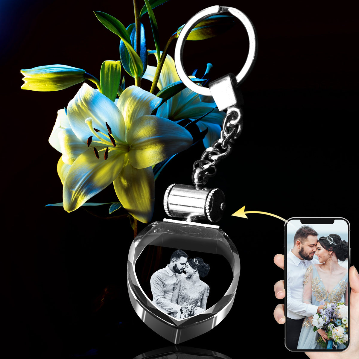 Personalized 3D Crystal Heart Engraved Light Up Key Chain